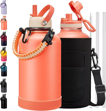 64 OZ Water Bottle Half-gallon Hydro Jug - w/Paracord Handle, Straw & Spout Lid, Carrying Pouch, 64oz Insulated Water Bottle Stainless Steel, Sports Flask Jug Triple-wall, Thermal Mug Hydro Canteen