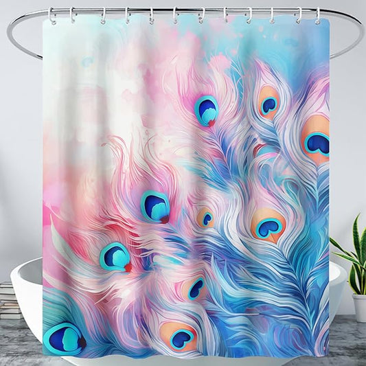 AILONEN Peacock Shower Curtain for Bathroom, Pink and Blue Peacock Feather Print Shower Curtain,Fashion Tie Dye Bath Curtain for Girls Women Waterproof 60" W*72" H