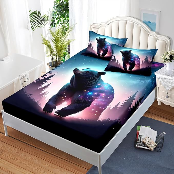 AILONEN Bear Fitted Sheet Set Twin XL Size, Evening Starry Sky Forest Bear Bed Sheet Set Decor,Animal Bear Wildlife Fitted Sheet and 2 Pillowcases,3 Pieces