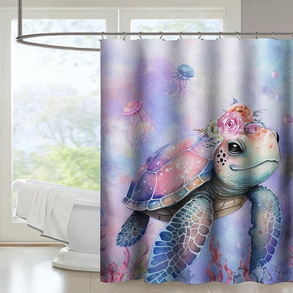 AILONEN Kawaii Sea Turtle Shower Curtain,Tie Die Turtle Bath Curtain Cloth Fabric Bathroom 72" W*84" H Inch,12 Pack Hooks for Kids Child Cute Watercolor Pink Sea Animal Bathroom Curtain