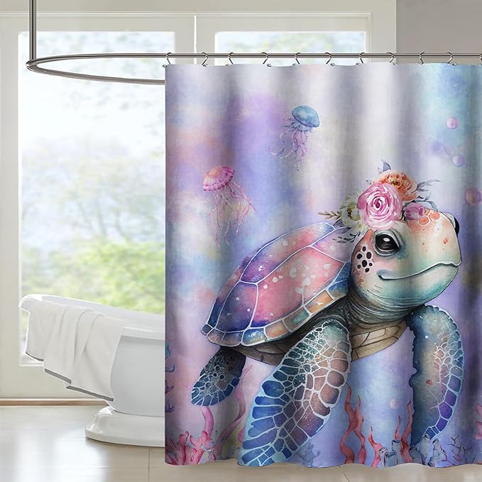 AILONEN Kawaii Sea Turtle Shower Curtain,Tie Die Turtle Bath Curtain Cloth Fabric Bathroom 36" W*72" H Inch,12 Pack Hooks for Kids Child Cute Watercolor Pink Sea Animal Bathroom Curtain