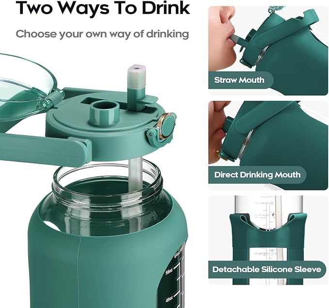 74 oz Glass Water Bolttles with Straw Large Motivational Water Bottle with Time Marker Sports Water Bottles with Silicone Sleeve and Handle Lid 2.2L Water Jug for Gym Workout