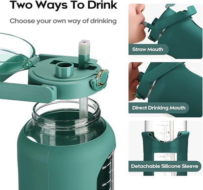 74 oz Glass Water Bolttles with Straw Large Motivational Water Bottle with Time Marker Sports Water Bottles with Silicone Sleeve and Handle Lid 2.2L Water Jug for Gym Workout