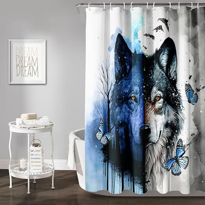 AILONEN Wolf Print Shower Curtain for Boys Men,Watercolor Wolf Bath Curtain 48" W*72" H Animal Wolf Bathroom Curtain Polyester Waterproof Wildlife Bathroom Curtain with 12 Hooks