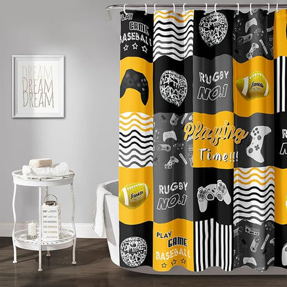 AILONEN Gaming Shower Curtain,Orangish Ball Sports Bathroom Shower Curtain for Boys Kids Teens, 72" W*96" H Gaming Gamer Theme Shower Curtain Sets for Bathroom