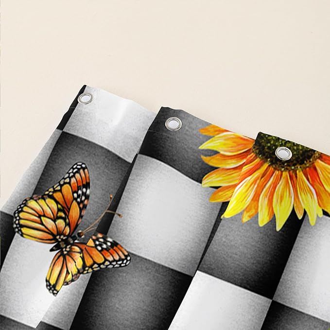 AILONEN Sunflower Shower Curtain for Bath Curtain,Black and White Grid Butterfly Bath Curtain,Garden Flower Yellow Floral Waterproof Shower Curtain 72" W x 84" H
