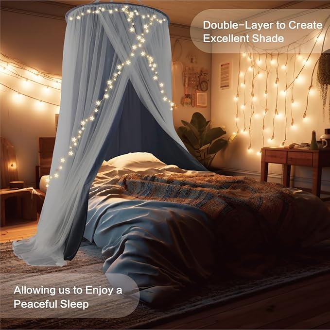 40"x 106" Bed Canopy for Girls & Adults, Double Layer Princess Round Dome Bed Curtain Canopy Drapes, Dreamy Mosquito Net Reading Nook, Bedroom Decoration (Gray)