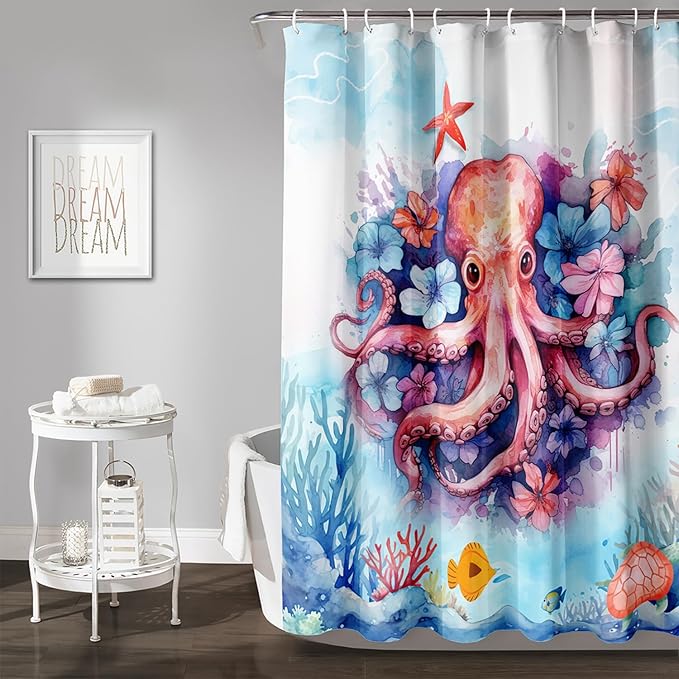 AILONEN Sea Octopuses Shower Curtain Set, Cartoon Octopus with Flowers Waterproof Fabric Shower Curtain,Watercolor Blue Ocean World Cloth Bath Curtain for Bathroom Decor with Hooks,60" Wx72 H