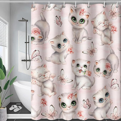 AILONEN Cat Kids Shower Curtain 72" W*78" H for Girls Teen,Kawaii Cat Butterfly Bath Curtain,Girls Pink Shower Curtain,Cat Lover Bathroom Curtain Decor Polyester Waterproof Curtain with 12 Hooks