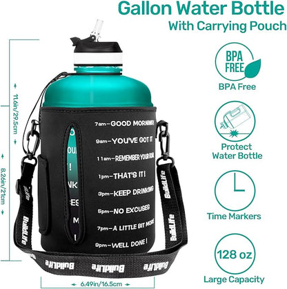 QuiFit Motivational Gallon Water Bottle - with Straw & Time Marker BPA Free Large Reusable Sport Water Jug with Handle for Fitness Outdoor Enthusiasts Leak-Proof