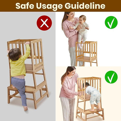 COSYLAND Kids Kitchen Step Stool，Toddler Standing Tower with CPC Certification, Removable Anti-Drop Railing Safety Rail Enjoys Unique Patented Design A Anti-tip Structure More Stable, Natural Bamboo