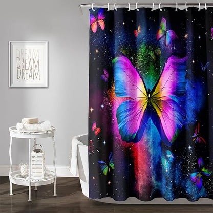 AILONEN Butterfly Shower Curtain Bathroom 72" W*72" H Sparkly Colourful Butterfly Curtain Cloth Fabric Bathroom for Girls Kids,Deep Color Shower Curtain Set