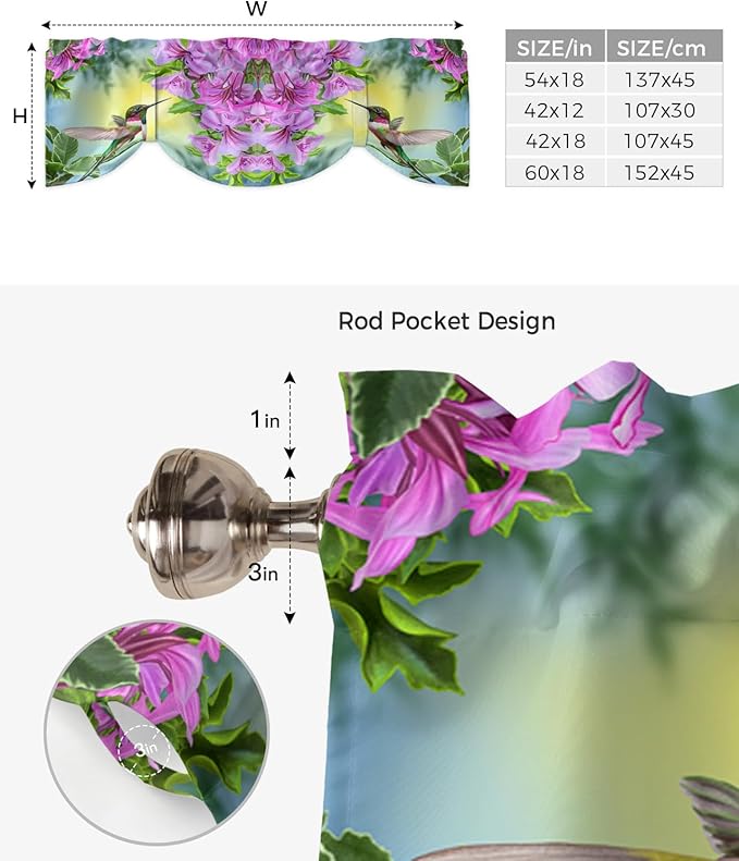 Pink Flowers Blackout Tie Up Valance Curtains for Kitchen Windows Hummingbird Window Toppers Balloon Shades for Living Room/Bathroom/Bedroom,1 Panel,60" X 18"