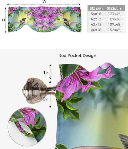 Pink Flowers Blackout Tie Up Valance Curtains for Kitchen Windows Hummingbird Window Toppers Balloon Shades for Living Room/Bathroom/Bedroom,1 Panel,42" X 12"