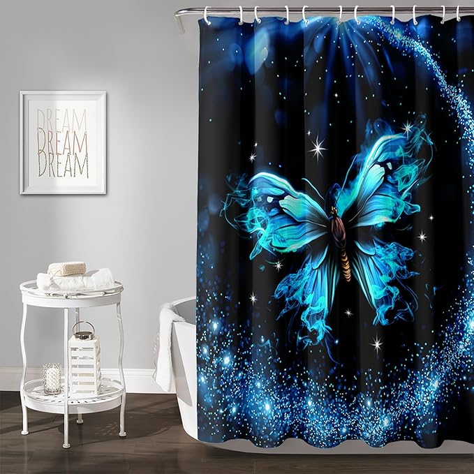 AILONEN Butterfly Shower Curtain Bathroom 48" W*72" H Sparkly Blue Butterflies Curtain Cloth Fabric Bathroom for Girls Kids,Boho Style Shower Curtain Set