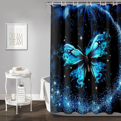 AILONEN Butterfly Shower Curtain Bathroom 48" W*72" H Sparkly Blue Butterflies Curtain Cloth Fabric Bathroom for Girls Kids,Boho Style Shower Curtain Set