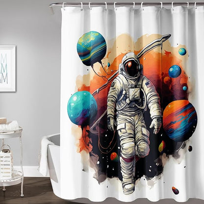 AILONEN Astronaut Shower Curtain for Bathroom,Planet Spaceman Bath Curtain for Kids Boys Teens,Universe Polyester Waterproof with 12 Plastic Hooks 72" W*96" H