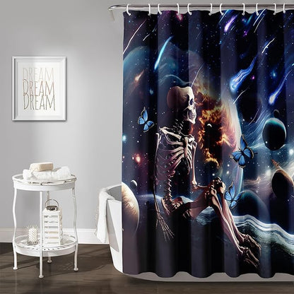 AILONEN Skull Shower Curtain for Kids,Solar System Skeleton Bath Curtain for Bathroom Decor,Galaxy Skull Polyester Waterproof with 12 Plastic Hooks for Boys Girls 60" W*72" H