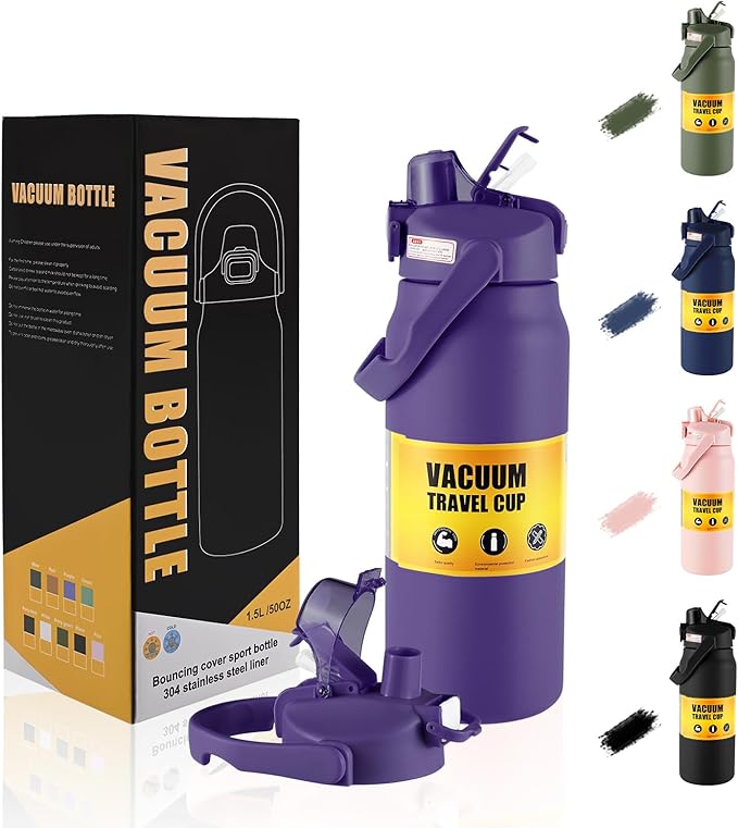 50oz/1.5L Insulated Sports Water Bottle, Stainless Steel Double Wall Water Jug with Handle, 2-in-1 Chug Spout and Straw Lid with Lock Cover for School, Outdoor, Sports & Travel, Purple