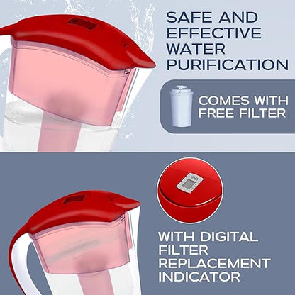 2.4L LTS Filtered Water Pitcher with Filter Change Indicator - Tap Drinking Water Purifier - Secure Lid Technology - Water Jug for Dorm, Kitchen, Fridge - Clean, Refreshing Taste - Red