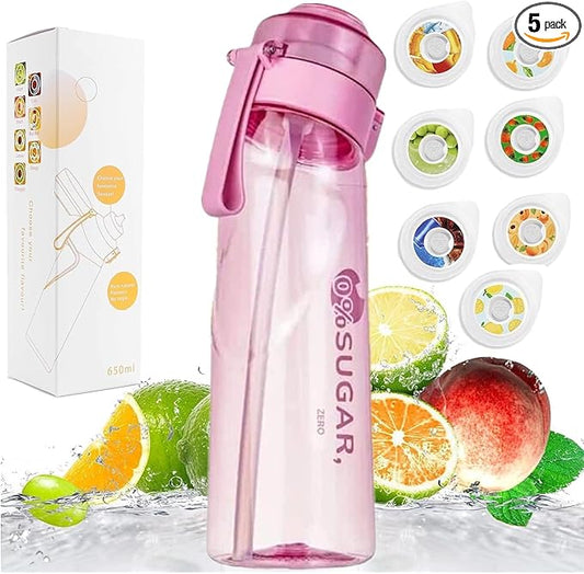 Sports Air Water Bottle BPA Free Starter up Set Drinking Bottles,650ML Fruit Fragrance Water Bottle,with 7 Flavour pods%0 Sugar Water Cup,for Gym and Outdoor Gift (Pink)