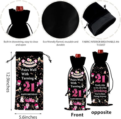 21st Birthday Gifts for Her Him Wine Bag, 21 Year Old Birthday Gifts for Her, Happy 21st Birthday Party Decorations for Her Him, Pairs Well with Turning 21 Wine Bags (Black Pink)
