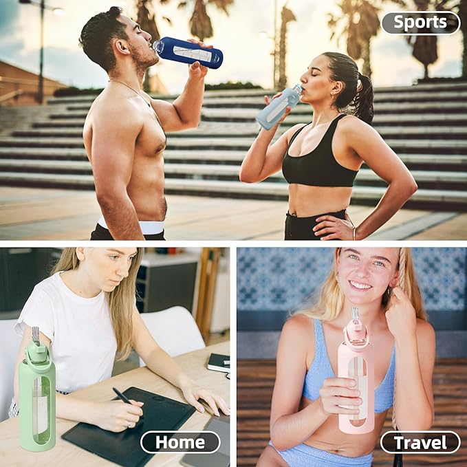 20 oz Glass Water Bottles with Straw Borosilicate Glass Water Bottle with Time Marker Motivational Water Bottles with Silicone Sleeve Leak Proof Reusable BPA Free