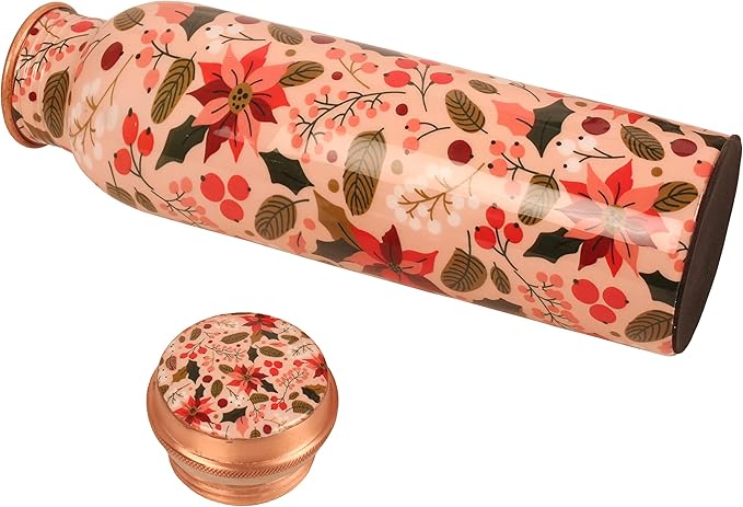 Pure Copper Water Bottle - Handcrafted - Ayurveda Health Benefits - Large 35 oz - Leak proof - Easy to carry for Sports, Fitness, Yoga, School - Textured Multicolor Floral.