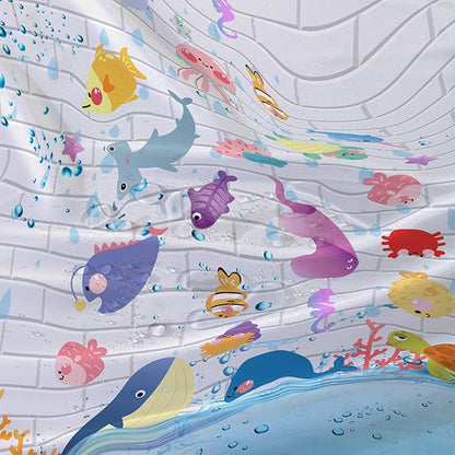 AILONEN Cute Fish Shower Curtain for Kids 72" W*78" H Inch,Raining Marine Animal Playing Water Shower Curtains,12 Pack Hooks Polyester Waterproof Fabric Decor for Bathroom Bathtub Panels