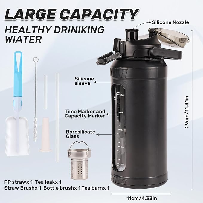 48oz Glass Water Bottle,Inspirational Water Bottle With Straw and Handle,Large Sports Motivational Water Bottle with Strap and Shell For Gym,Sports,Daily (48 oz)