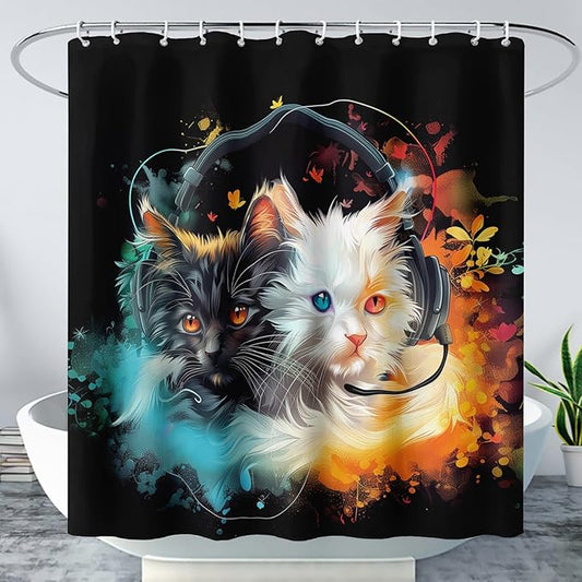 AILONEN Cute Cat Shower Curtain Set, Black White Cat Waterproof Fabric Shower Curtain for Kids Boys Girls,Headphones Kitty Shower Curtain for Bathroom with Hooks,48" W*72" H