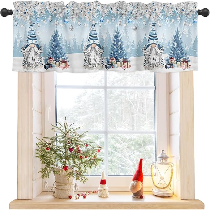 Christmas Gnome Valance Curtains for Kitchen Windows Winter Merry Christmas Tree Balls Rod Pocket Window Treatment Toppers for Kitchen/Living Room/Bedroom/Bathroom, 42" X 18", Blue