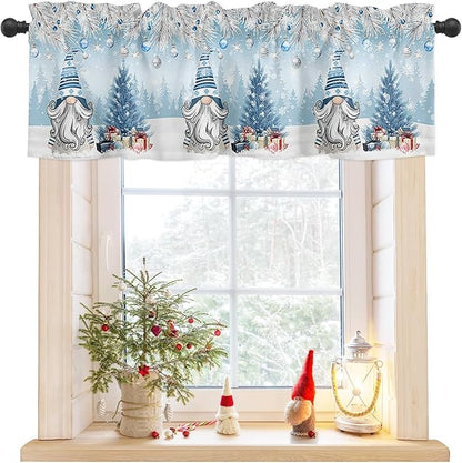 Christmas Gnome Valance Curtains for Kitchen Windows Winter Merry Christmas Tree Balls Rod Pocket Window Treatment Toppers for Kitchen/Living Room/Bedroom/Bathroom, 42" X 18", Blue