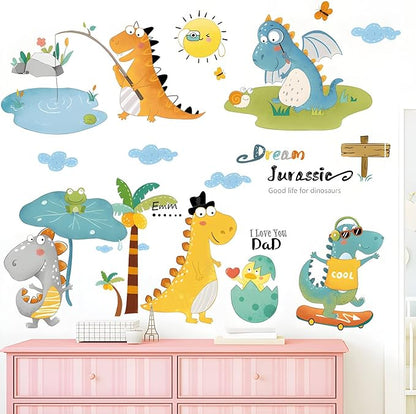 Cartoon Dinosaur Wall Decals Fishing T-Rex DIY Wall Stickers for Boys Kids Room Bedroom Baby Nursery Decor
