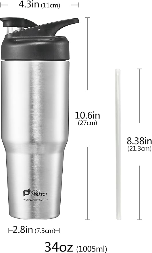 34 OZ 316 Stainless Steel Vacuum Insulated Travel Mug With Leak Proof Flip For Both Straw & Spout, Double Walled Seamless to Keep Hot And Cold, Sliver