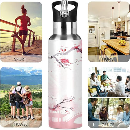 Qilmy Japanese Cherry Blossom Vacuum Insulated Water Bottle with Straw Lid 22oz Double Wall Stainless Steel Sports Water Bottle for Travel Sport, Hot Cold, BPA-Free