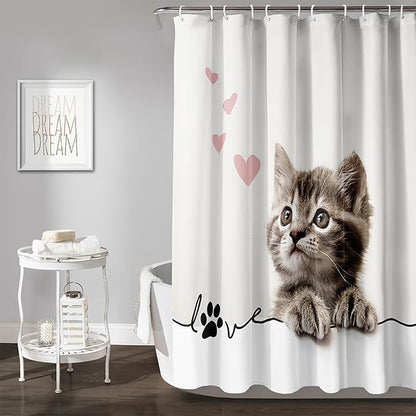 AILONEN 3D Kawaii Cat Shower Curtain, Fuzzy Ball Kitten Shower Curtain for Kids Girls Boys Bathroom Decor,Cute Pet Cat Lover Waterproof Shower Curtains Sets with Hooks,36" W*72" H