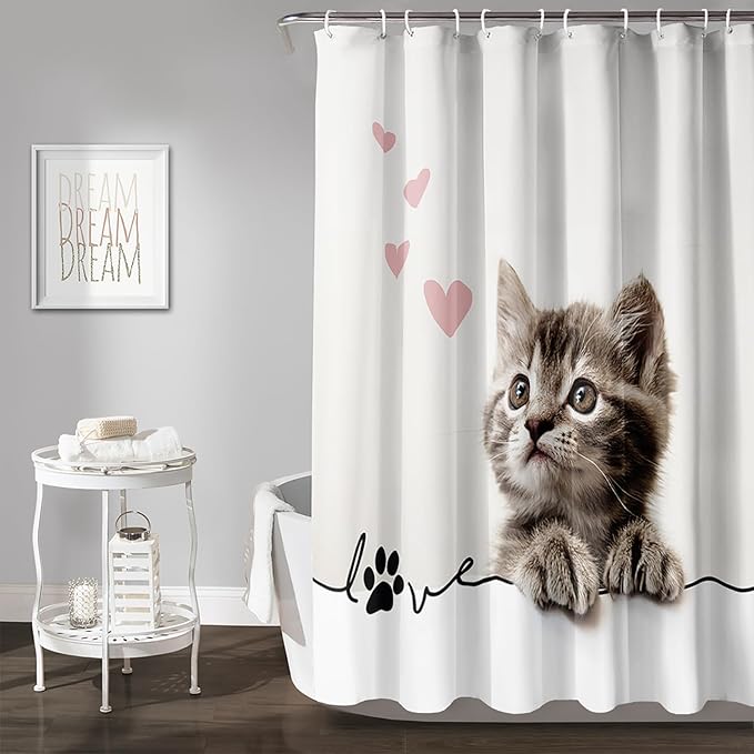 AILONEN 3D Kawaii Cat Shower Curtain, Fuzzy Ball Kitten Shower Curtain for Kids Girls Boys Bathroom Decor,Cute Pet Cat Lover Waterproof Shower Curtains Sets with Hooks,60" W*72" H