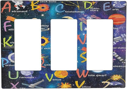 ABC Outer Space 3 Gang Rocker Light Switch Plate Alphabet Galaxy Educational Triple Decora Outlet Wall Plate Cover Faceplate Decorative Switchcovers GFCI for Kidroom Nursery Living Room Boyroom Decor