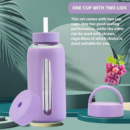 27 Oz Hydration Bottle,Minimalist Glass Water Bottle With Silicone Sleeve,Wide Mouth Opening With 2 Lids,Train Straws,Gift for Kids/Adults,Sport Glass Water Bottle for Gym/Yoga/Outdoor (PurPle, 27 oz)