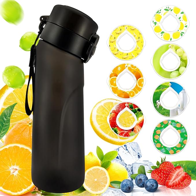 Air Water Bottle with 7 Flavor Pods, Flavored Water Bottle,750ML Large Capacity Drinking Bottle,Sports Water Cup with Straw Suitable for Gym and Outdoor Games(New Black)