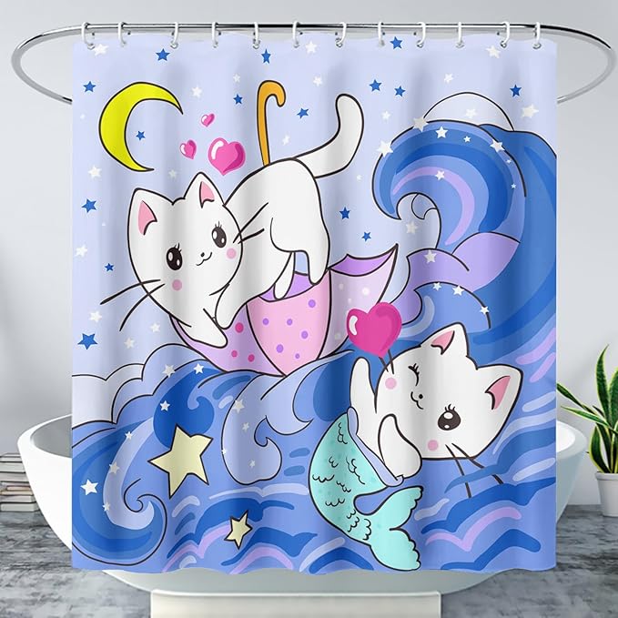 AILONEN Cute Cat Shower Curtain,Kawaii Cartoon Mermaid Kitten Polyester Cloth Bath Curtain Set for Girls Boys,Kittens with Spray Waterproof Shower Curtains for Bathroom, 48" W*72" H Blue
