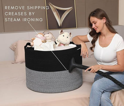 24" x 24" x 17" Max Size Large Cotton Rope Basket, Extra Large Storage Basket, Woven Laundry Hamper, Cloth Storage Bin, for Blankets Clothes Towels Pillows in Living Room, Black/Grey Mix