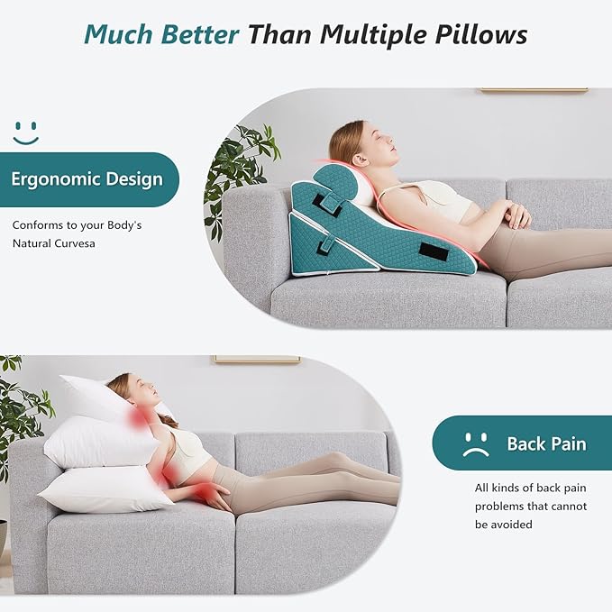 3 PCS Upgraded Bed Wedge Pillow for Sleeping - 35D Post Surgery Pillow for Back Leg Pain Relief - 22" Wide Adjustable Triangle Wedge Pillow Set for Acid Reflux & GERD & Snoring(white blue)