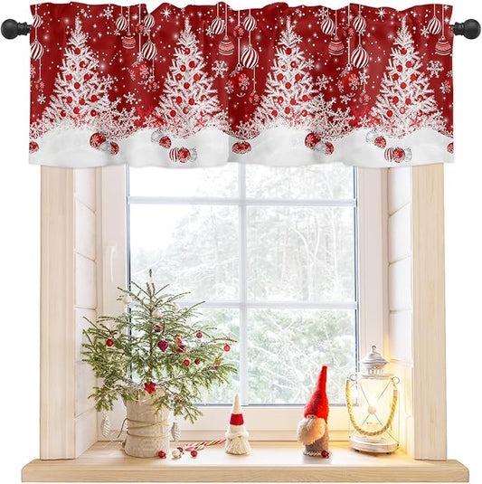 Red Christmas Valance Curtains for Kitchen Windows White Xmas Tree Snowflakes Red Balls Rod Pocket Window Treatment Toppers for Kitchen/Living Room/Bedroom/Bathroom, 42" X 18", Winter