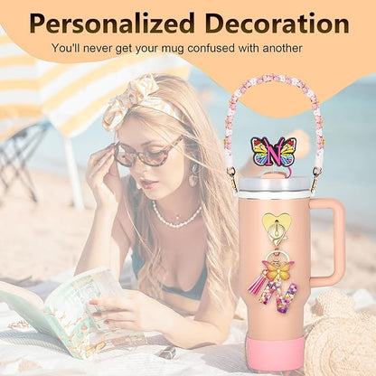 SPORCLO Stanley Cup Accessories Include Silicone Stanley Straw Cover, Butterfly Letter Keychain Charms, Water Bottle Handle Strap, Boot and Chain for Stanley Cup 30oz 40oz Tumbler