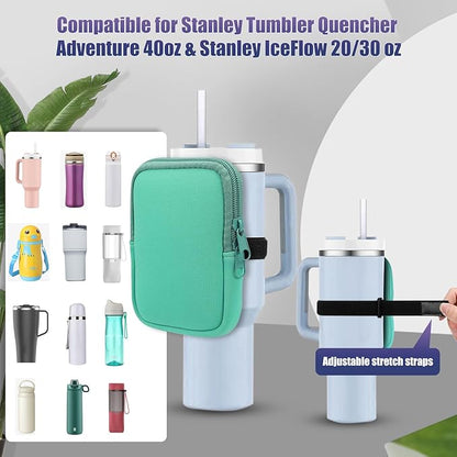 Water Bottle Pouch for Stanley Quencher Adventure 40oz & Stanley IceFlow 20oz 30oz, Gym Water Bottle Pouch for Stanley Cup 40oz,Workout Outdoor Tumbler Pocket for Phone, Card, Keys (Green)