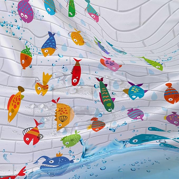 AILONEN Cute Fish Shower Curtain for Kids 48" W*72" H Inch,Raining Fish Playing Water Shower Curtains,12 Pack Hooks Polyester Waterproof Fabric Decor for Bathroom Bathtub Panels