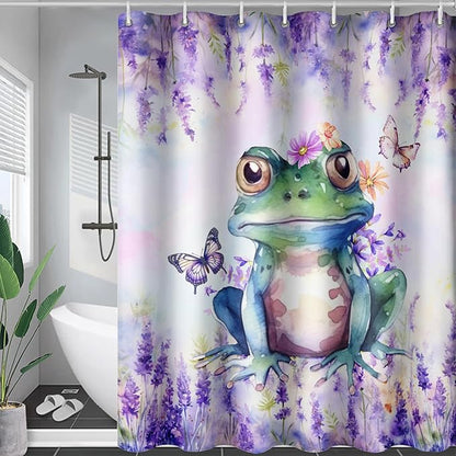 AILONEN Frog Shower Curtain, Tie Dye Lavender Flower Bath Curtain,Tie Dye Frog Bathroom Curtain Decor,Cute Frog Polyester Waterproof 72" W*96" H Shower Curtain (12 Hooks)