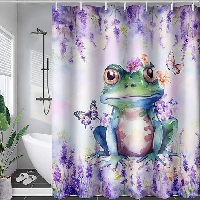 AILONEN Frog Shower Curtain, Tie Dye Lavender Flower Bath Curtain,Tie Dye Frog Bathroom Curtain Decor,Cute Frog Polyester Waterproof 48" W*72" H Shower Curtain (12 Hooks)